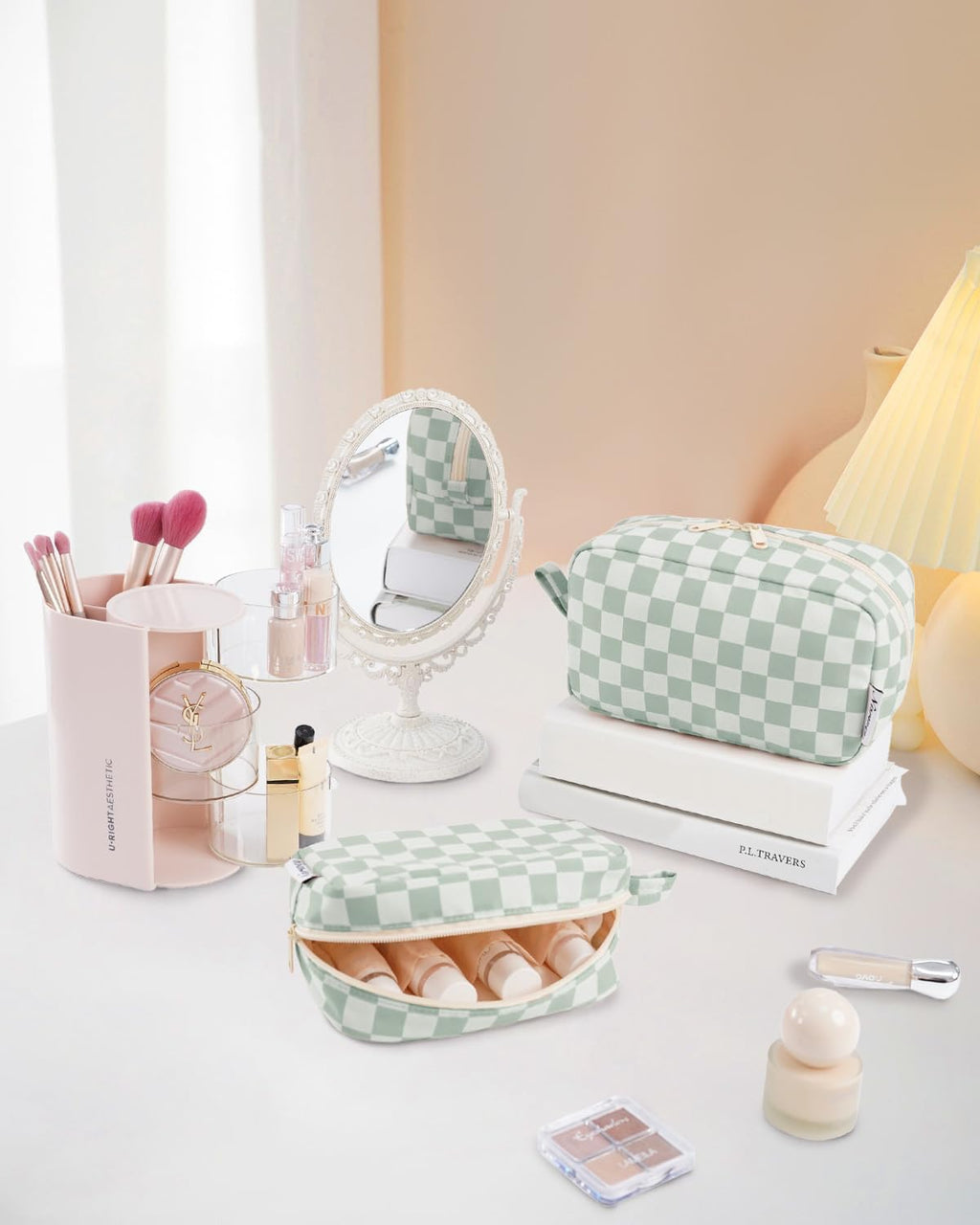 Narwey Checkered Makeup Bag, Travel Cosmetic Bag Organizer, Toiletry Bag Make Up Bags with Comparments for Women and Girls, Gift for Teen Girls (Mint Green Checkerboard, Large)