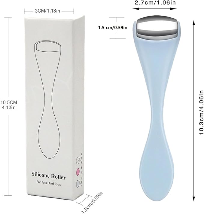 Mini Eye Face Rollers Massager 304 Stainless Steel Ice Silicone Roller for Relief Pain Skincare Facial (Blue Color)
