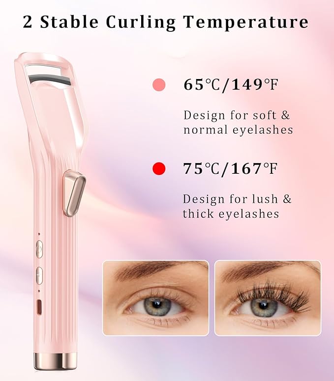 Heated Eyelash Curler Premium PRO - Fast Heat up in 8s - 24 Hours Long Lasting - Rechargeable Electric Eyelash Curler with Type-C, Innovative L Silicone, 2 Heat Modes, Anti-Burn Eyelid, Pink-GB