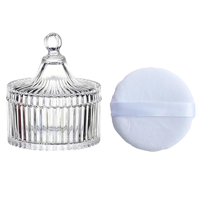 Qopoto Body Powder Puff and Container, Glass Box for Dust Puff, Powder applicator with Case for Dusting powder (white)