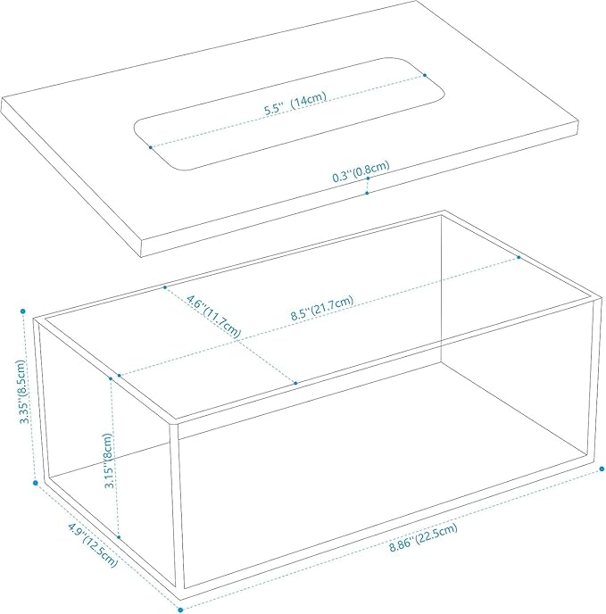 SANRUI Clear Acrylic Facial Tissue Box Cover Holder with 8mm Top Lid Rectangle Napkin Dispenser Organizer for Bathroom, Kitchen and Office Desk,Black&Clear