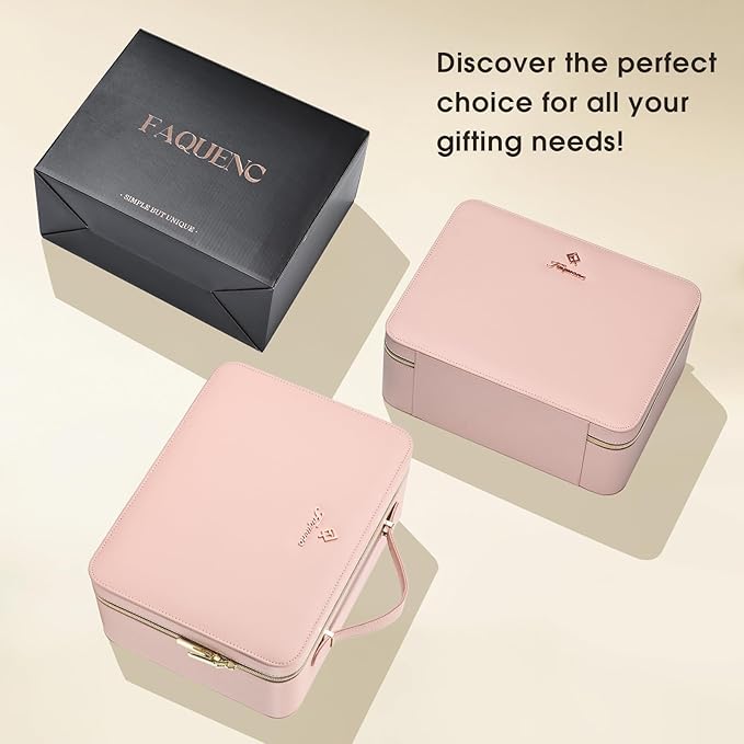 Faquenc Leather Makeup Case with LED Lighted Mirror 11.4 Inch Travel Makeup Bag Adjustable Brightness in 3 Colors Cosmetic Organizer Artist Storage Bag with Dividers Brush Holder Storage Vanity Pink