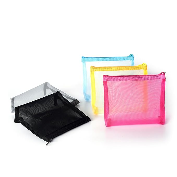 patu Widened Zipper Mesh Bags, Size M, 7" x 5.5" x 2", 5 Pieces, Beauty Makeup Cosmetic Accessories Organizer Case, Travel Toiletry Kit Set Storage Pouch, Assorted Colors