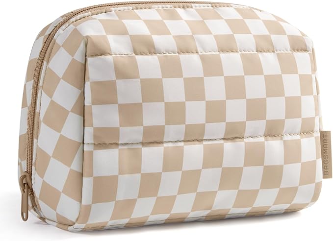 BAGSMART Puffy Makeup Bag, Wide Opening Cosmetic Organizer, Soft Water-Resistant Travel Toiletry Pouch for Women for Purse, Compact & Spacious