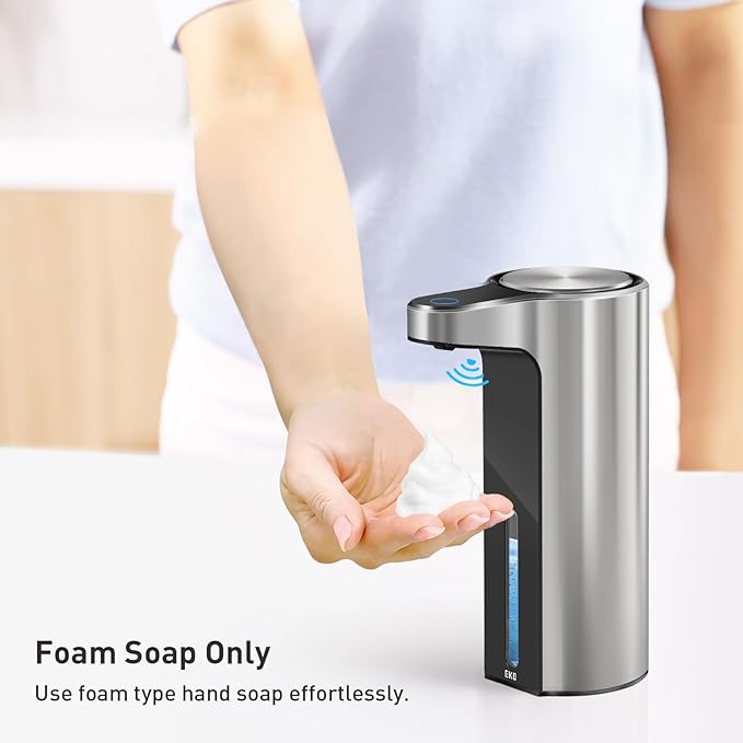 EKO Automatic Foaming Soap Dispenser, Touchless Foam Hand Soap Dispenser for Bathroom and Kitchen, Water-Resistant and Rechargeable, 9 fl oz, Modern Design for Homes and Offices (Stainless)