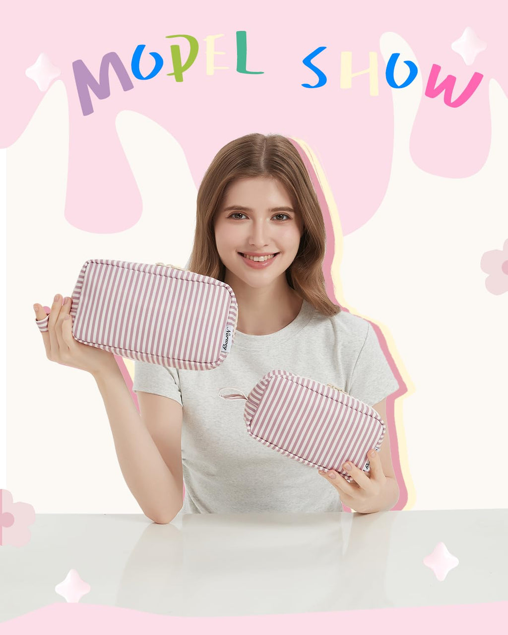 Narwey Cute Makeup Bag Small Toiletry Bag Travel Cosmetic Bag Organizer Make Up Bags with Organized Pockets for Women (Dusty Rose Stripe, Large)