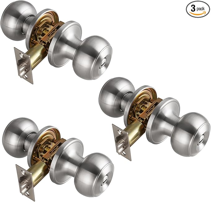 3 Pack Brushed Nickel Door Knobs Interior,Bath & Bed Privacy Door Knob, Keyless Door Lock Round Doorknobs