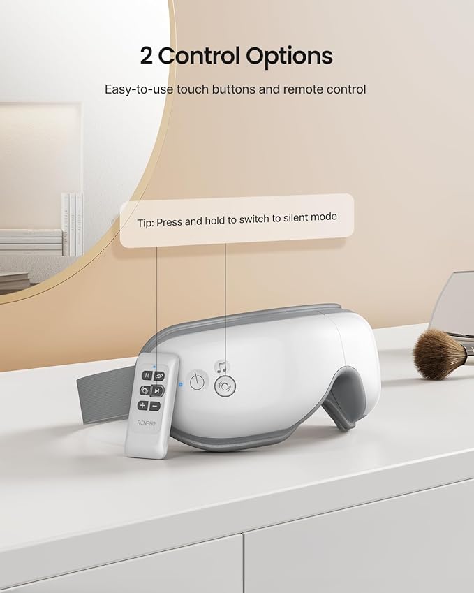 RENPHO Eye Massager with Heat, FSA Eligible HSA,Gifts for Men,Women,Eyeris 1 Eye Massager with Remote, Sleep Mask for Relieves Head Tension, Soothe & Refresh, Enhance Rest, White