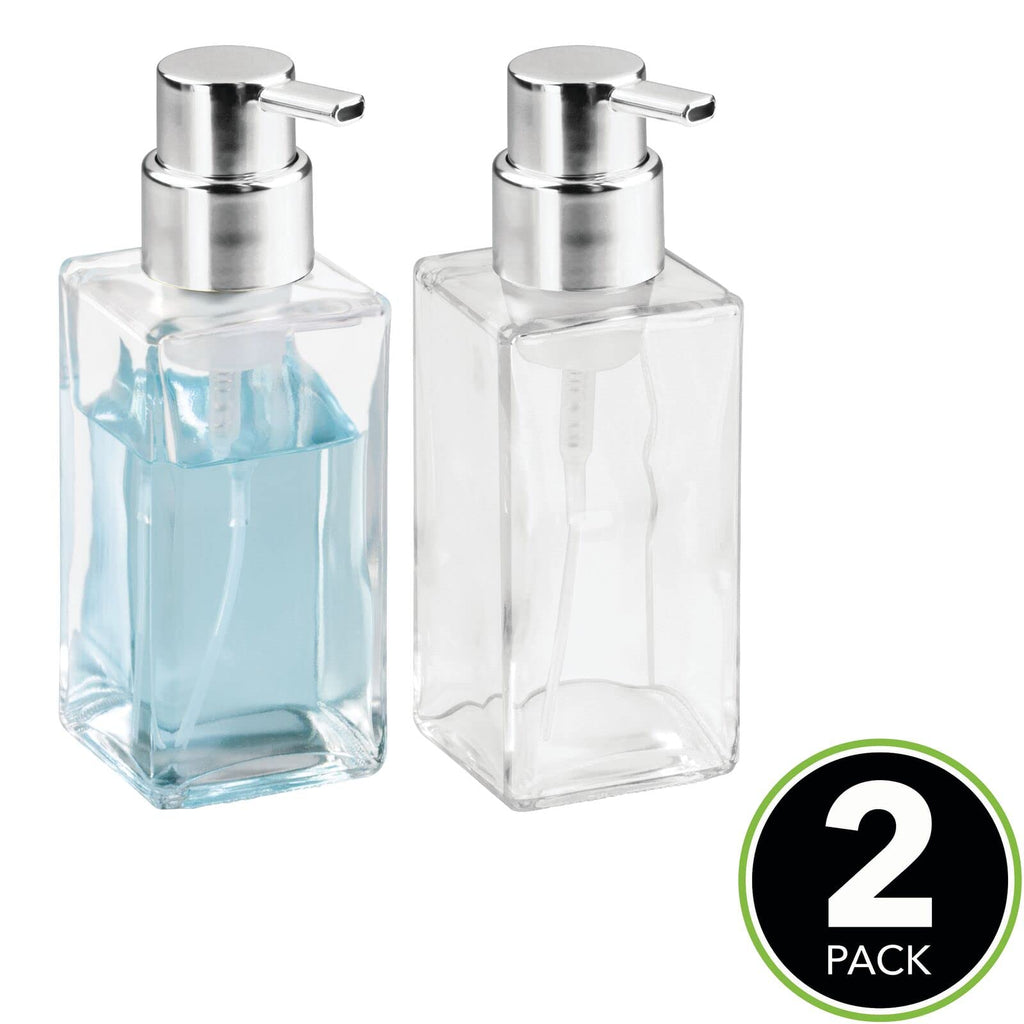 mDesign Glass Refillable Foaming Hand Soap Dispenser Modern Square Pump Bottle for Bathroom Vanities or Kitchen Sink, Countertops - 2 Pack - Clear/Chrome