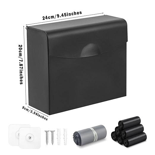 FAOEHN Sanitary Napkin Disposal Receptacle with Hygiene Disposal Bags and Trash Bag,9.4x7.8x3.5 inches Stainless Steel Wall Mounted Feminine Hygiene Disposal Trash Can Bin for Bathroom,Office (Black)