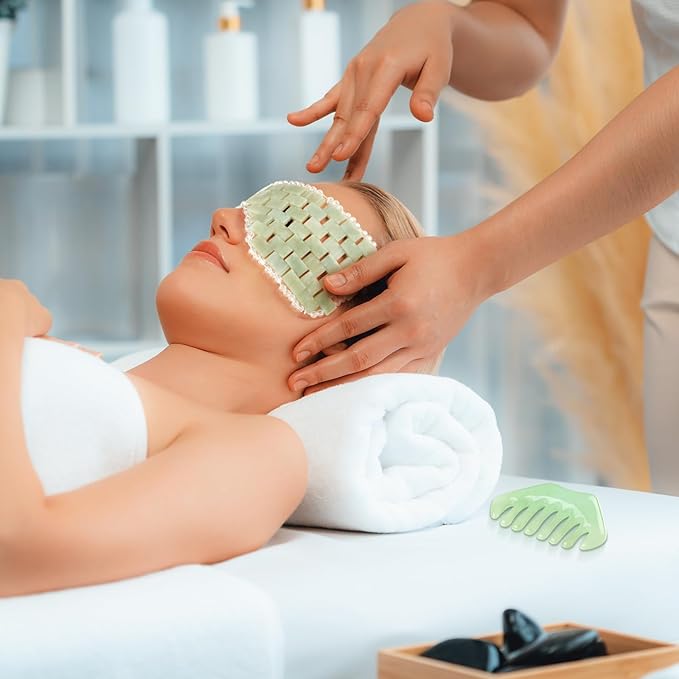 2 Pcs Jade Eye Mask and Hair Comb Set Green Jade Stone Eye Mask White Facial Cooling Set Resin Guasha Scalp Comb Facial Massage Tool for Relax Alleviate Puffiness Esthetician Supply (Classic Color)