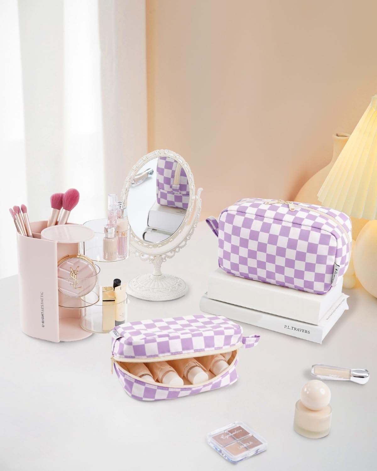 Narwey Checkered Makeup Bag Travel Cosmetic Bag Organizer Small Toiletry Bag Make Up Bags with Organized Pockets for Women (Purple Checkerboard, Large)