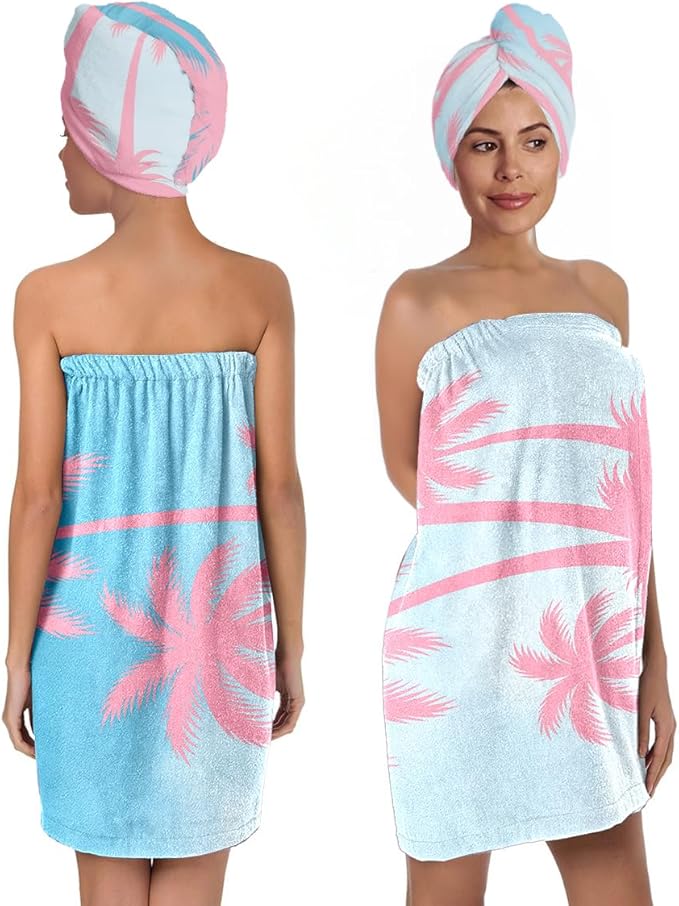 Palm Tree Towel Wrap for Women with Hair Turban – Tropical Quick Dry Microfiber Bath Skirt Set – Shower Wrap with Adjustable Closure for Girls, Spa, Travel, Beach, Dorm (Palm Tree)