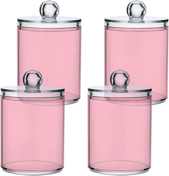 Pink Qtip Holder Organizer Dispenser Cotton Swabs Cans Plastic Jars with Lid Set 4 Pack Bathroom Storage Canister for Cotton Ball Floss Cotton Pads