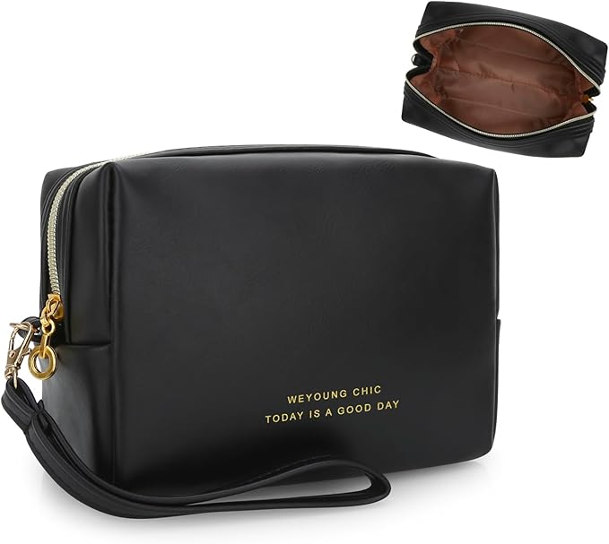JINSI Small Makeup Bag Travel Cosmetic Bag Toiletry Zipper Pouch Make Up Organizer Bag with Handle Purse for Women Soft PU Leather Skincare Case (Black)