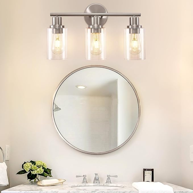 DLLT 3-Light Bathroom Light Fixtures: Nickel Modern Vanity Lights with E26 Bulbs - Clear Glass Shade Bathroom Wall Lamp for Mirror Kitchen Living Room Hallway Cabinet Porch