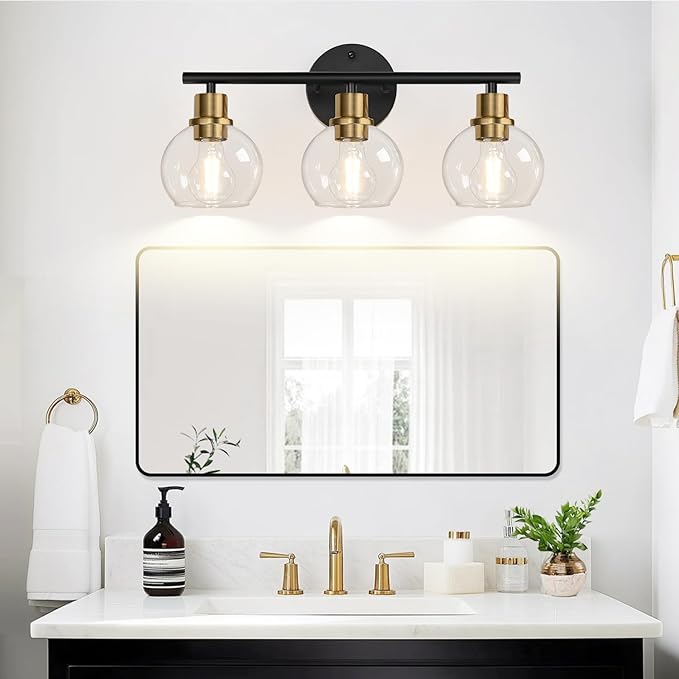 3-Light Bathroom Light Fixtures, Black and Gold Bathroom Lights Over Mirror with Clear Glass Globe Shade, Vanity Lights for Bathroom Kitchen Living Room Hallway Cabinet Bedroom Porch