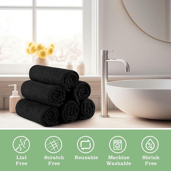 Washcloths Bulk - 100 Pack - Face Towels (12" x 12"), Highly Soft Wash Cloths and Hand Towels, Fast Drying Multi-Purpose Microfiber Cleansing Cloths for Bathroom, Hotel, Spa, and Salon - Black