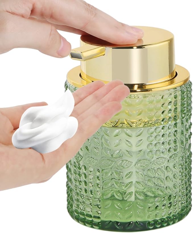 Fvstar Foaming Soap Dispenser, 10 Oz Glass Foam Hand Soap Dispenser with Gold Pump, Refillable Bathroom Lotion Container Pump Bottle with Vintage Pattern, Green