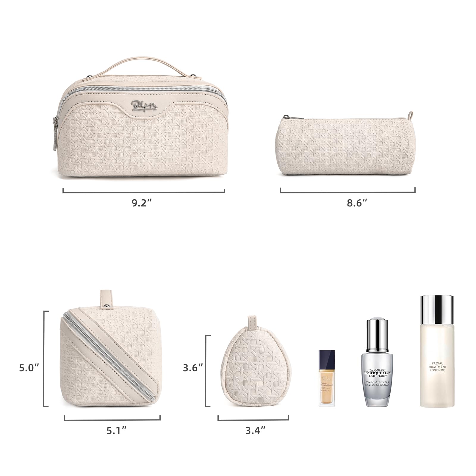 BOYATU Travel Makeup Bag Cosmetic Bags for Women: Large Capacity 3 Pcs Set Make up Bag with Compartments - Waterproof Vegan Leather Toiletry Organizer Bags with Handle (M-72Off-white)