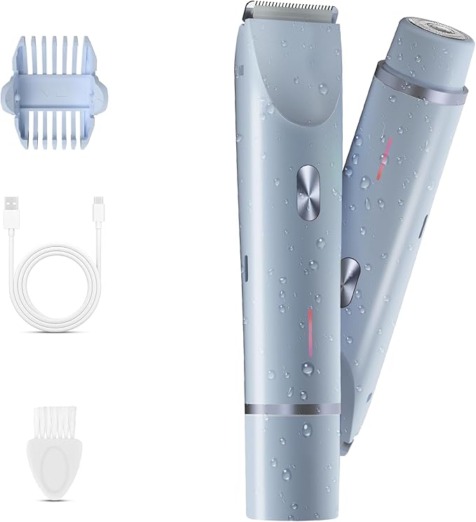 Bikini Trimmer for Women, 2 in 1 Electric Razor & Bikini Shaver for Womens IPX7 Waterproof Body Hair Trimmer and Facial Hair Remover,Blue