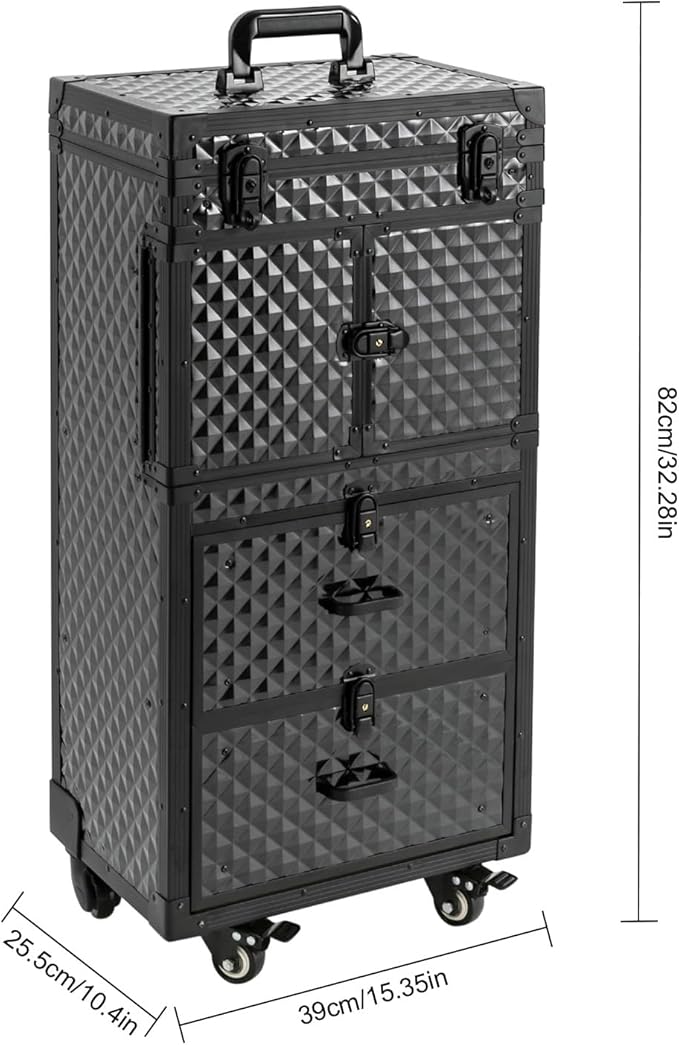 QUEWATSA Rolling Makeup Case Large Storage Cosmetic Trolley, Rolling Lockable Makeup Train Case, Stylist Beauty Salon Cosmetic Luggage Travel Organizer Tool Box with Hair Dryer Holder