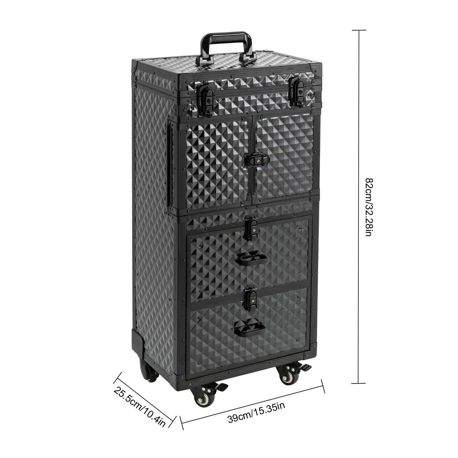 QUEWATSA Rolling Makeup Case Large Storage Cosmetic Trolley, Rolling Lockable Makeup Train Case, Stylist Beauty Salon Cosmetic Luggage Travel Organizer Tool Box with Hair Dryer Holder