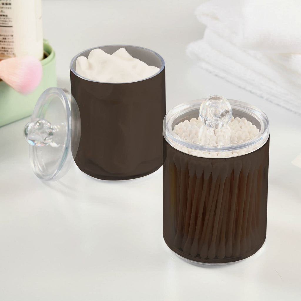 SHJI Brown Qtip Holder Organizer Dispenser Cotton Swabs Cans Plastic Jars with Lid Set 4 Pack Bathroom Storage Canister for Cotton Ball Floss Cotton Pads