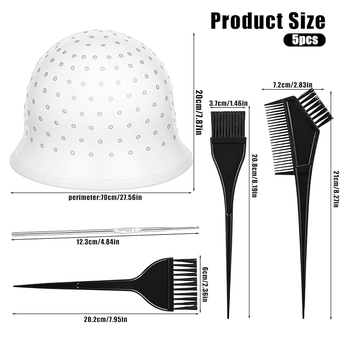 5PCS Highlighting Cap for Hair, Professional Silicone Hair Coloring Tools with Brushes Reusable Hairdressing Bleach Cap with Holes for Home Salon, Dye Accessories for Women Men