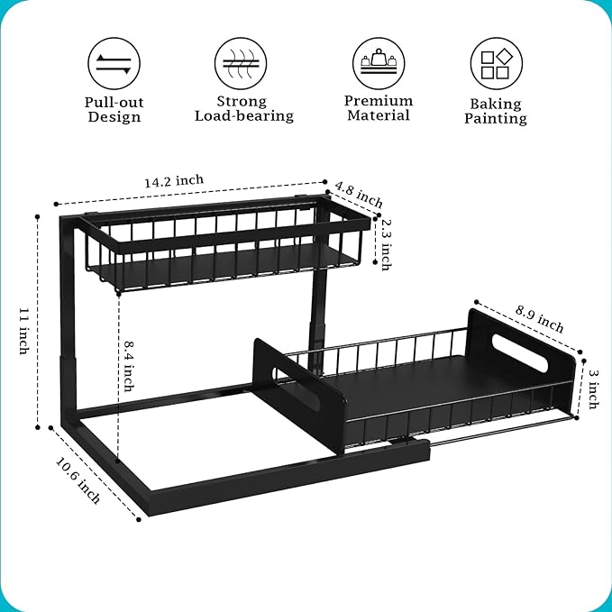 REALINN Under Sink Organizer, L-Shaped 2 Tier Pull Out Cabinet Organizer for Kitchen and Bathroom, Slide Out Under Cabinet Storage, Metal Under Sink Storage with Sliding Drawer, 50 lbs, Black 2 Pack