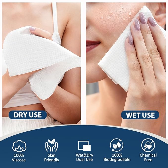 GLIMGLINT Face Towels，200 Count (4 Box) Disposable Face Towelettes, Biodegradable Makeup Remover Dry Wipes, Super Soft Clean Facial Towels Wash Cloth for Sensitive Skin