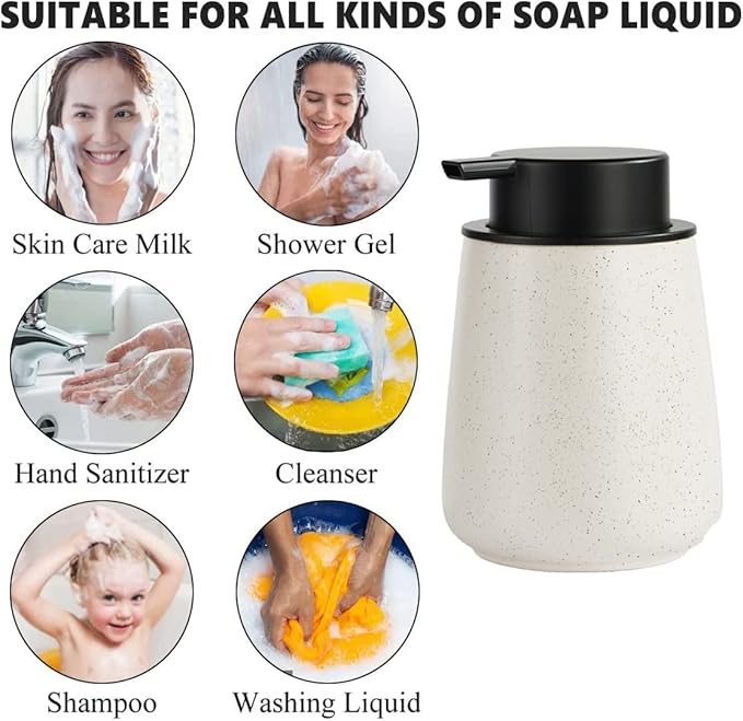 12Oz Hand Soap Dispenser Set - 2 Pack Ceramic Lotion Soap Dispenser Set with Easy-to-Press Black Pump, Refillable Mordern Liquid Dish Soap Dispensers for Bathroom & Kitchen (Beige, Liquid Pump)