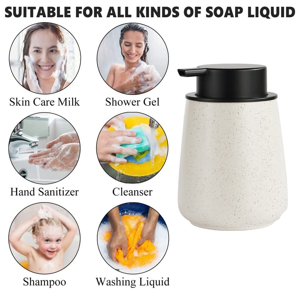 12Oz Hand Soap Dispenser Set - 2 Pack Ceramic Foam Soap Dispenser Set with Easy-to-Press Black Pump, Refillable Mordern Foaming Dish Soap Dispensers for Bathroom & Kitchen (Beige, Foam Pump)