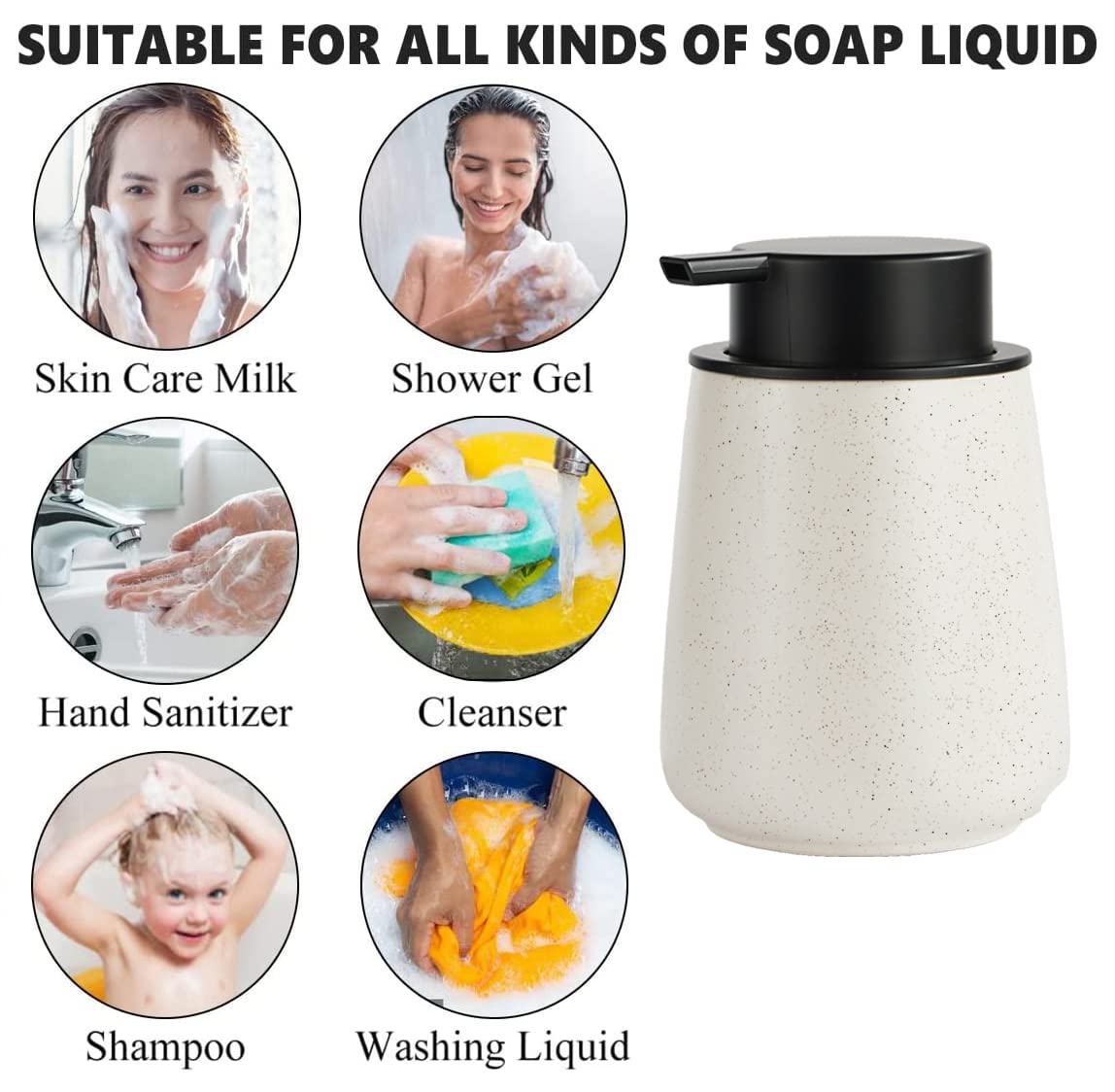 12Oz Hand Soap Dispenser Set - 2 Pack Ceramic Foam Soap Dispenser Set with Easy-to-Press Black Pump, Refillable Mordern Foaming Dish Soap Dispensers for Bathroom & Kitchen (Beige, Foam Pump)