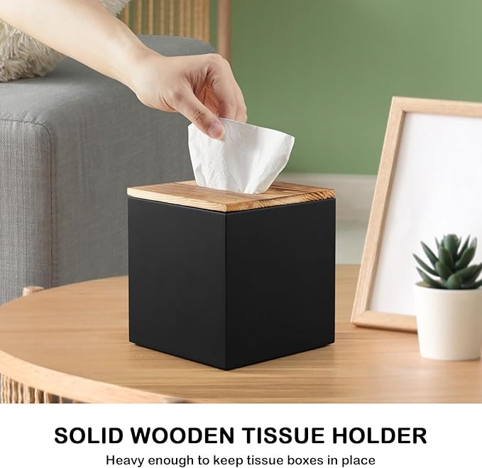 GCWSTJK Black Tissue Box Cover Square - Wooden Tissue Box Holder - Decorative Cube Facial Tissue Dispenser for Vanity Toilet Tank Dresser Nights Stand Kitchen Table Office Countertop