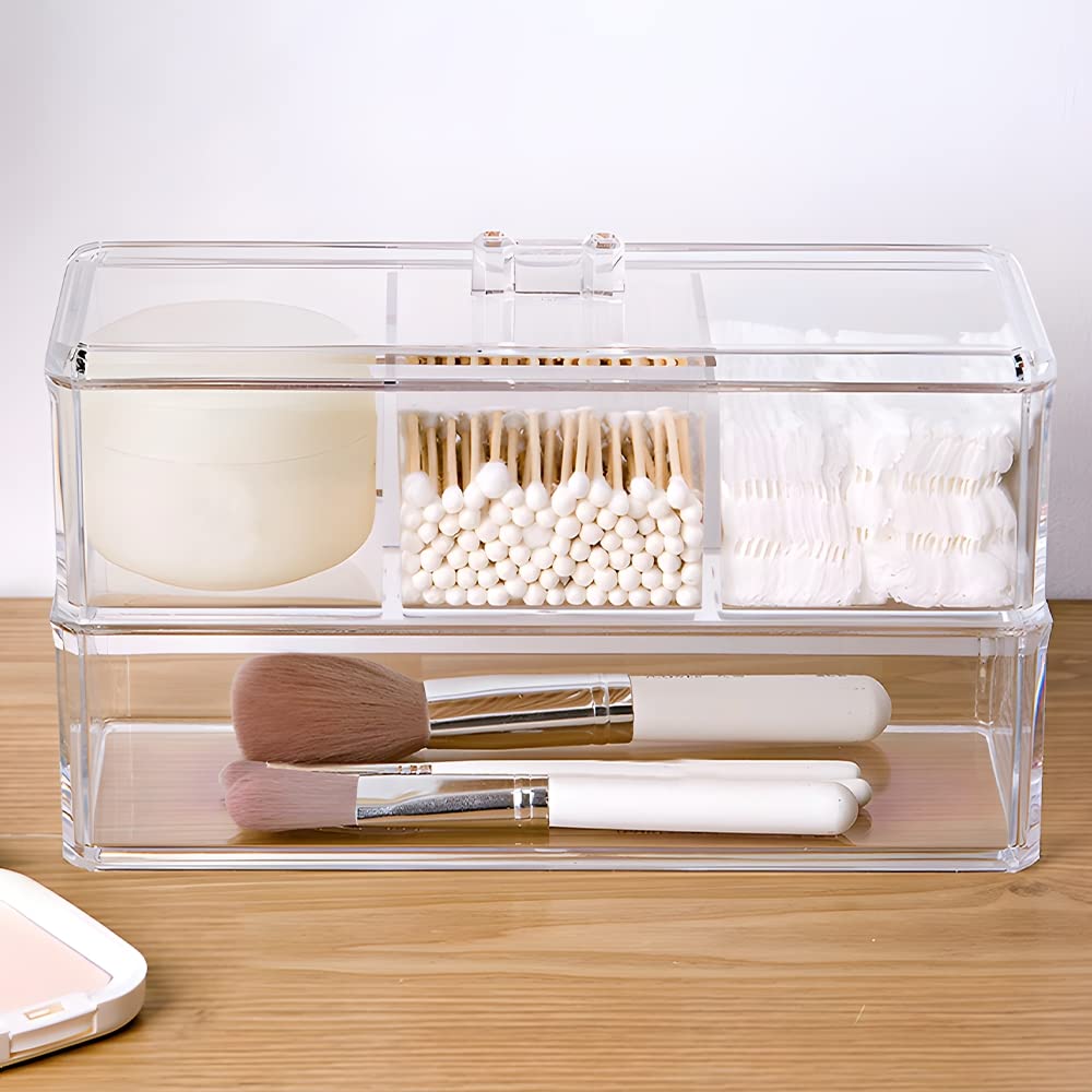 KIMCHOMERSE Qtip Holder Dispenser, 2-Layer Cotton Ball & Pad Holder for Bathroom Storage, Drawer Organizer for Earrings, Jewelry & Small Items