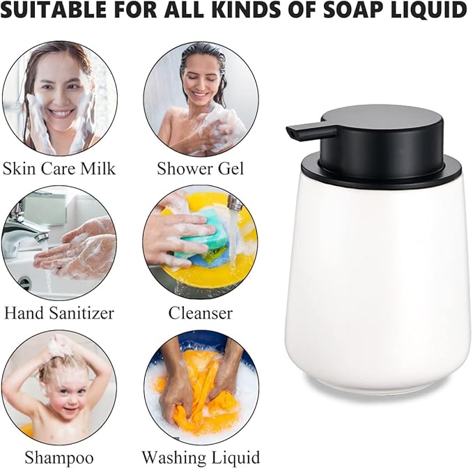 12Oz Hand Soap Dispenser Set - 2 Pack Ceramic Lotion Soap Dispenser Set with Easy-to-Press Black Pump, Refillable Mordern Liquid Dish Soap Dispensers for Bathroom & Kitchen (White, Liquid Pump)