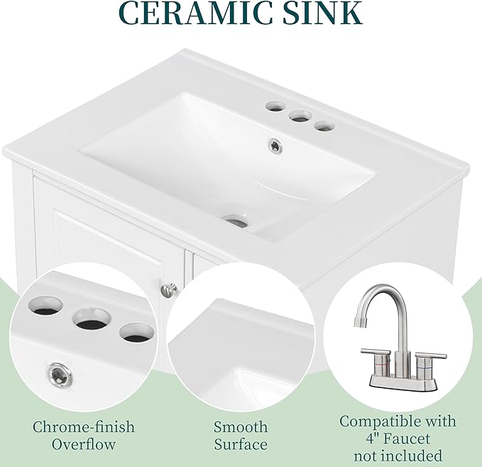 24" Bathroom Vanity with Sink, Harper & Bright Designs Free Standing Single Vanity Set with 3 Drawers and One Door with Storage Racks, Solid Wood Storage Cabinet with Ceramic Basin for Bathroom, White