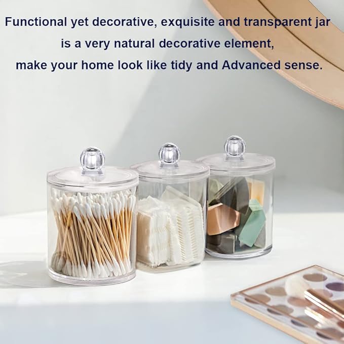 WISIEW 4 Pack Qtip Holder Dispenser for Cotton Ball, Swab, Round Pads, Floss - 10 oz Clear Plastic Apothecary Jar Set for Bathroom Canister Storage Organization, Vanity Makeup Organizer