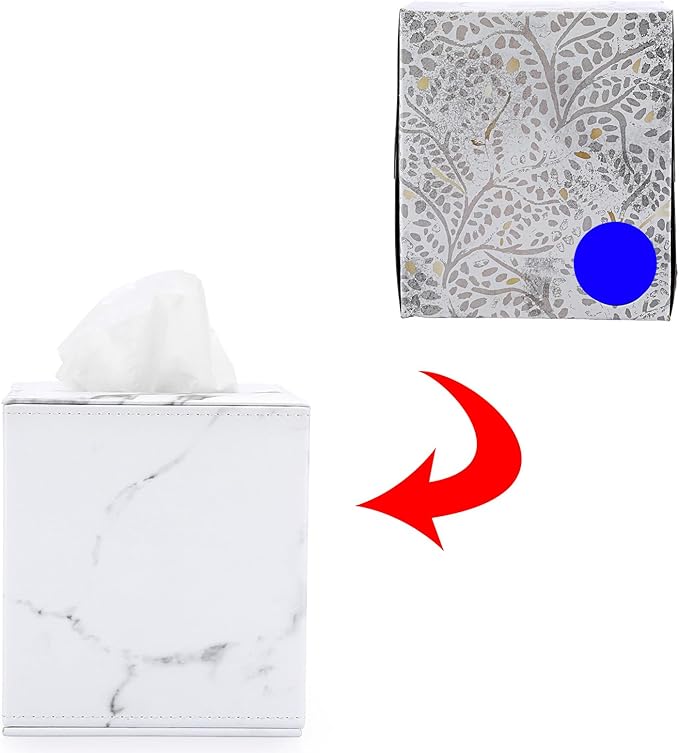 Sumnacon Square Leather Tissue Box Cover - Stylish Cube Tissue Box Holder with Magnetic Bottom, Decorative PU Tissue Box for Vanity Dresser Night Stand Table Countertop Home Office Car, Marble White