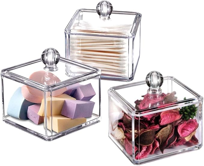 KW Collection Square Acrylic Cotton Ball Pads Gauze Swab Holder Organizer Q-tip Dispenser Storage Canister Bathroom Container Flossers Box Case (3.5 x 3.5 x 3 inches, Single Tier, Transparent)