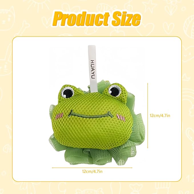 Kids Loofah, Cute Cartoon Animal Kids Bath Sponge with Hanging Rope, Soft Double Mesh for Rich Lather (Green Frog)