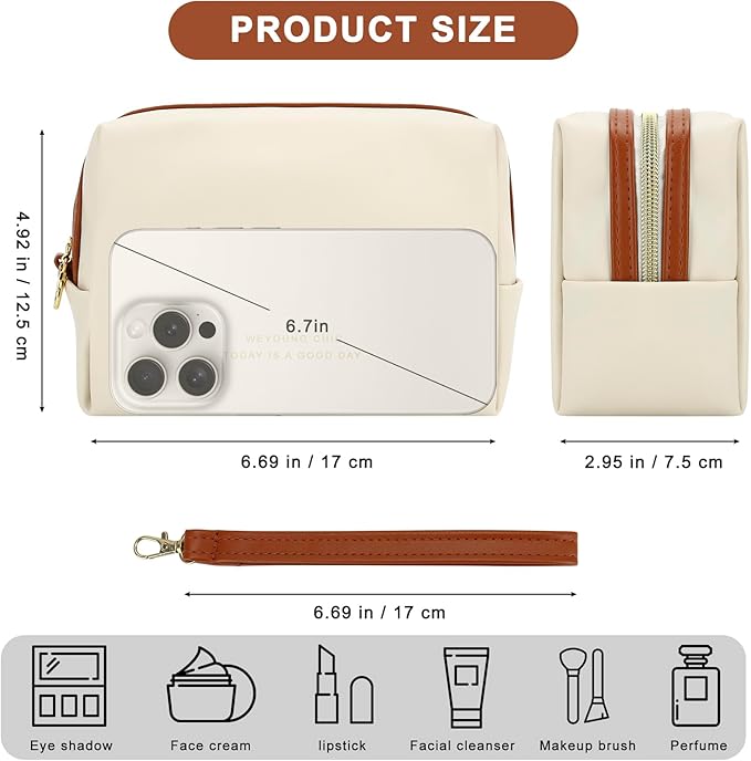JINSI Small Makeup Bag Travel Cosmetic Bag Toiletry Zipper Pouch Make Up Organizer Bag with Handle Purse for Women Soft PU Leather Skincare Case (Beige)