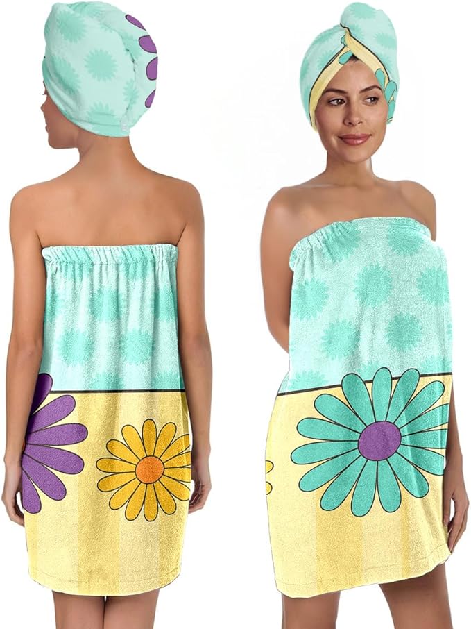 Women’s Spa Wrap Towel and Hair Drying Cap Set – Floral Quick-Dry Bath Wrap Skirt with Elastic Fit – Soft Shower Towel Dress for Women & Girls – Ideal for Spa, Travel, Dorm, (Floral)