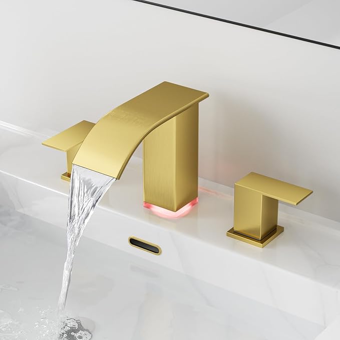 RUMOSE LED Bathroom Faucets Set Brushed Gold 8 inch Bathroom Sink Faucet 3 Hole with Pop Up Drain Widespread Waterfall Vanity Faucet with 3 Colors Light Changing Stainless Steel Deck Mounted