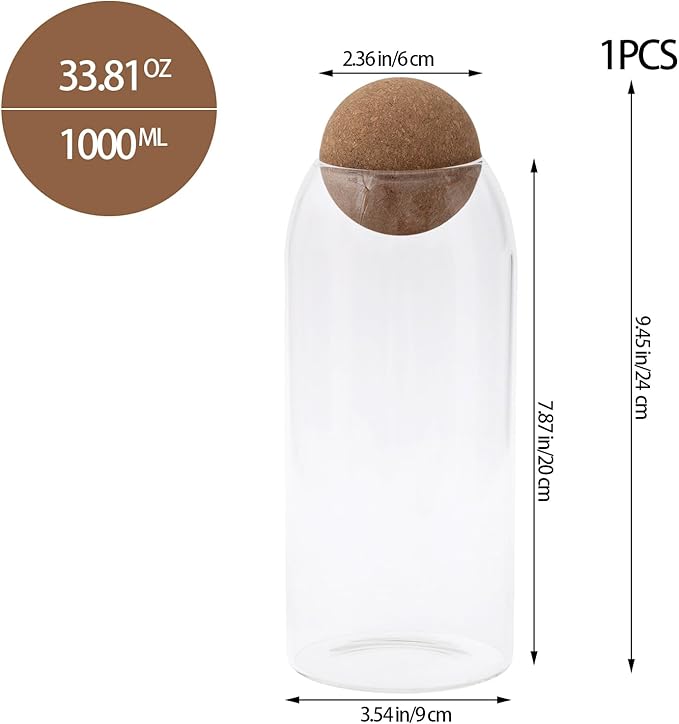 1 Pack 9.45 In Glass Storage Container, Ball Cork Jar Decorative Organizer, Cute Canister for Tip Change Sugar/Cotton Swab Holder