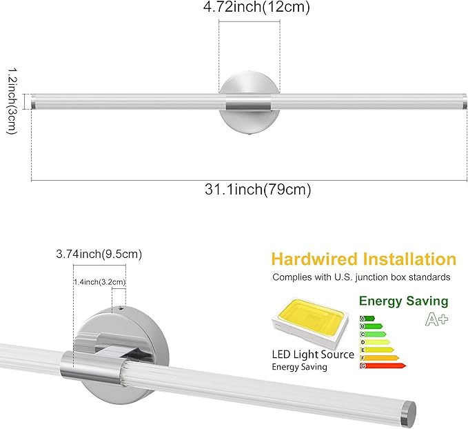 Bathroom Wall Sconces Set of 2 Hardwired Dimmable 5CCT LED Bathroom Light Fixtures Over Mirror 360° Full Lighting 31" Long Vanity Light Bar Modern Chrome Wall Sconce for Bedroom Living Room