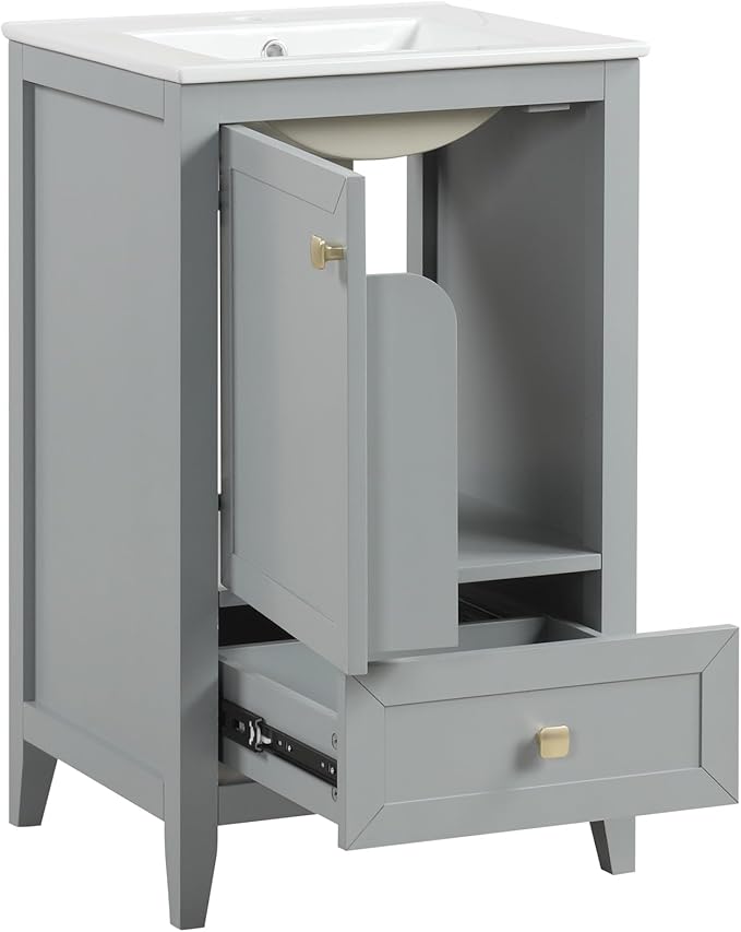 Bellemave 20-inch Bathroom Vanity with Sink, Free Standing Bathroom Vanity Cabinet with Soft Closing Door, Storage Rack, and Drawer, Solid Wood Vanity Set with Ceramic Sink（Grey）
