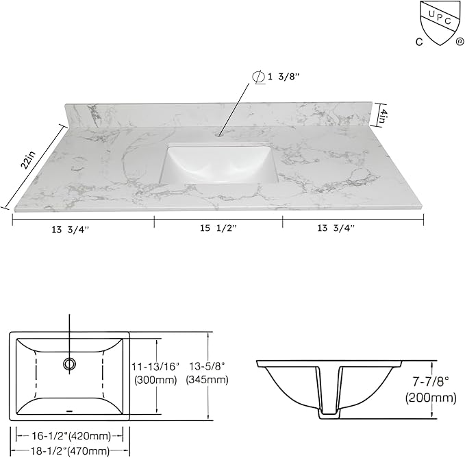 Montary 42" Bathroom Vanity with 43" Artificial Marble Carrara White Top, Modern Stylish MDF Bathroom Storage Cabinet, Vanity Set with 2 Doors and One Large Divided Drawer, White (Single Hole)