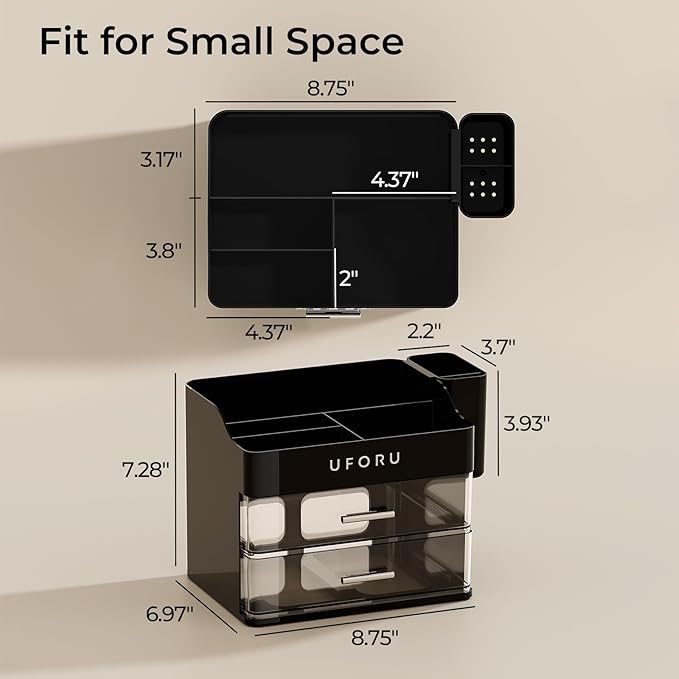 UFORU Makeup Organizer for Vanity with Brush Holder, Countertop Skincare Organizer with 2 Drawers, Spacious Cosmetic Display Case for Perfumes, Cologne, Shaving Lotion